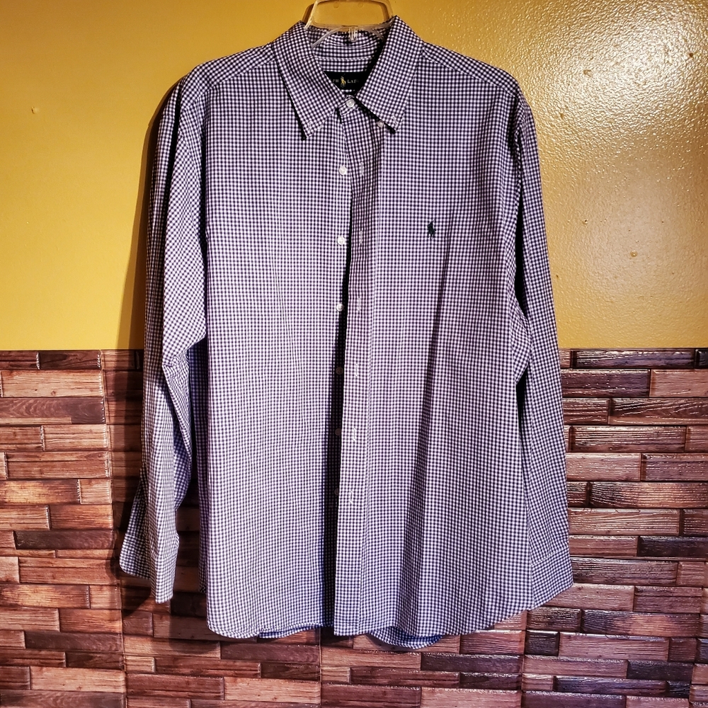 Ralph Lauren Classic Fit Mens Cotton Purple White Check Long Sleeve Size 17 34/3